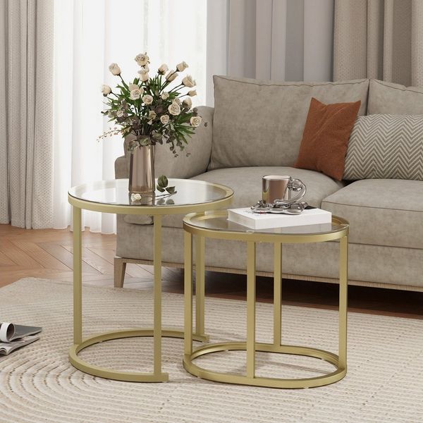 OKWISH Couchtisch 2er-Set runder Couchtisch in Gold, stapelbar mit Stahlrahmen (60 x 43,5 x 36 cm/ 50 x 50,5 x 50 cm, 2-St, Beistelltisch & Kaffeetisch für Wohnzimmer & Schlafzimmer), Platzsparendes Design für moderne Wohnungen & flexible Raumnutzung