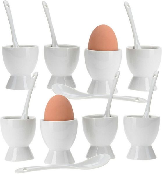 Koopman Eierbecher Porzellan Keramik Weiß Becher + Löffel 16tlg, (Set, 16-tlg, Packung), Weiß, 8 Löffel, 8 Becher, Standsicher, Keramik