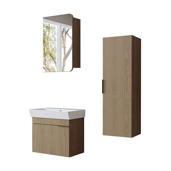 Roomart LYCIA-60 Badmöbel Set– 4-teiliges Badezimmermöbel Set - Waschbeckenunterschrank mit Keramikwaschbecken, Spiegelschrank & Hochschrank - H 54 x B 38.6 x T 59 cm • Eiche(Hell) Bild 8