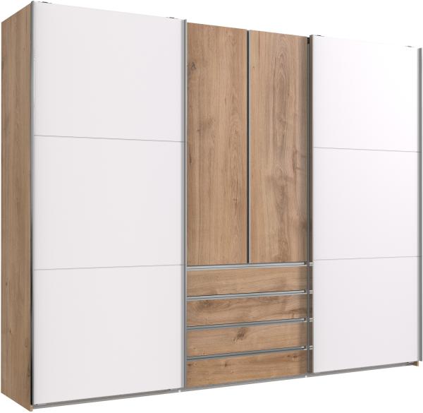 Schwebetürenschrank >MAGIC< in PLANKENEICHE + WEISS - 300x236x65cm (BxHxT)