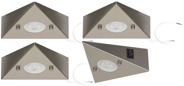 TRANGO LED Unterbauleuchte, 4er Set 6739-42 LED-Küchenunterbauleuchte *COOK* LED Einbauleuchte - Einbaustrahler aus Edelstahl inkl. 4x 4.8 Watt LED Modul 3000K warmweiß - direkt 230 Volt - beliebig erweiterbar, Schalter - Dreieckleuchte – Schrankleuchte