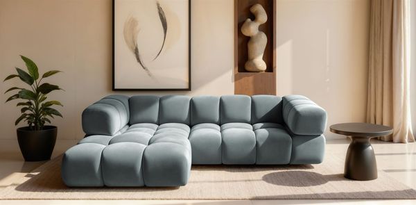 Ecksofa Designersofa BLANCHE in Stoff Bluvel Graublau Ottomane Links