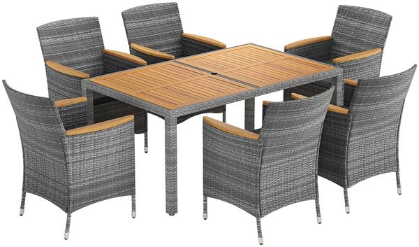 STEELSØN 'Fawaris' Polyrattan Sitzgruppe Outdoor 7-tlg, Gartenmöbel Set aus 6 Stühlen und Tisch inkl. Kissen, Akazienholz, grau-meliert, wetterfest für 4 Personen Bild 11