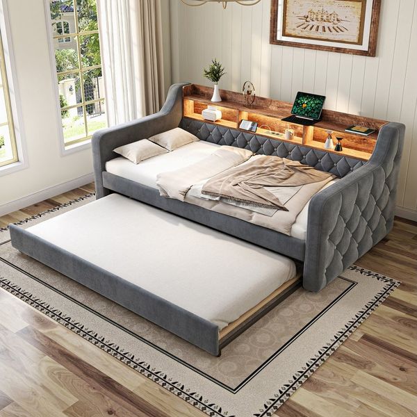 OKWISH Schlafsofa Polsterbett Funktionsbett, aus Samt mit LED-Ambiente, USB-C-Anschluss und Ausziehbett, ohne Matratze