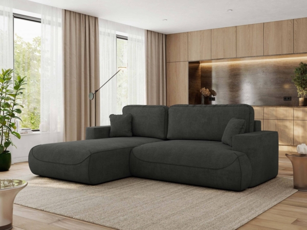 Ecksofa OVO mit schlaffunktion und bettkasten, Wellenfeder, lose Kissen, L-form 271x195 cm - Dunkelgrau Struktur - linke Seite