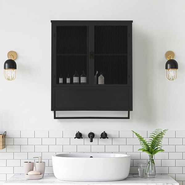 REDOM Hängeschrank Wandmontiertes Sideboard (60 cm moderner Hängeschrank mit Glastüren und zwei Türen, mit zweistufigem geschlossenem Stauraum, offenem Regal und Handtuchhalter)