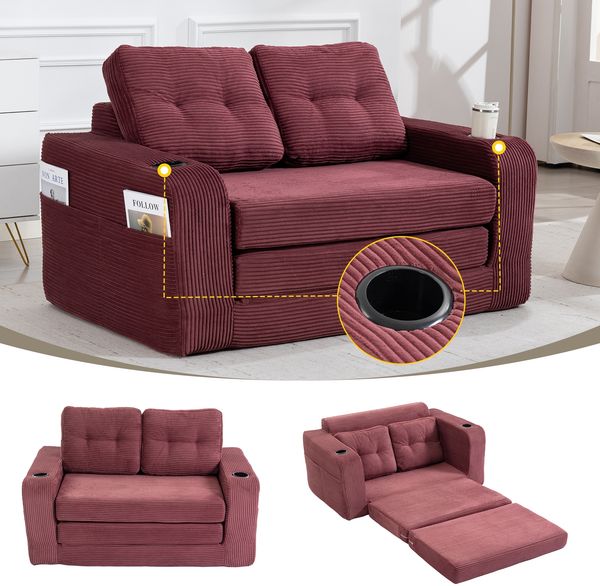 LVHOM 2-Sitzer Sofa aus Cordstoff – Montagefrei, Multifunktionales Schlafsofa mit Getränkehaltern und Seitentaschen, klappbares Gästebett, Weinrot