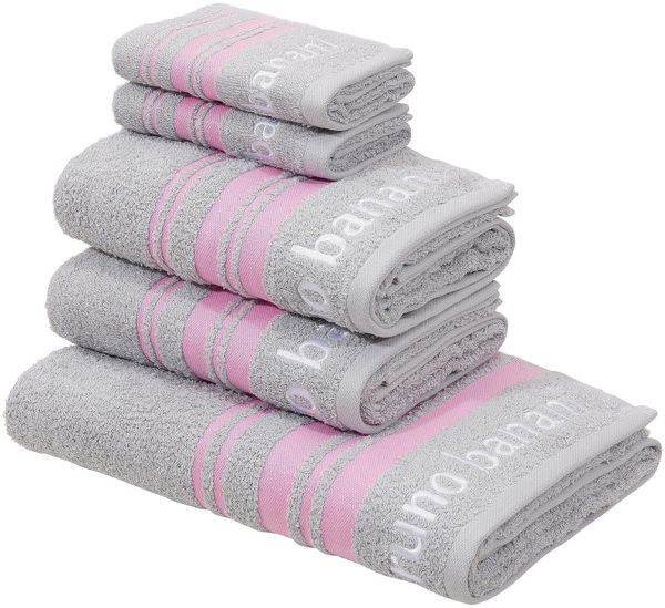 Bruno Banani Handtuch Set Daniel, 1 Duschtuch 70x140, 2 Handtücher 50x100, 2 Gästetücher 30x50, Walkfrottee (Set, 5-St), Streifen-Bordüre & Markenlogo, weich, 100% Baumwolle