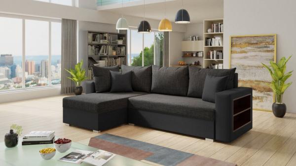 Ecksofa Lord mit Regal und Schlaffunktion - Sofa mit Bettkasten, Schlafsofa, Polsterecke, Couch L-Form, Couchgarnitur, Sofagarnitur (Schwarz + Schwarz (Dolaro 08 + Berlin 02), Ecksofa Links)