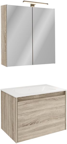 FACKELMANN COMPACT LINE Waschtisch Set mit Spiegelschrank 71 cm breit, Braun, Waschbecken Keramik Weiß, inklusive Aufsatzleuchte und Energie Box, 1 Schublade