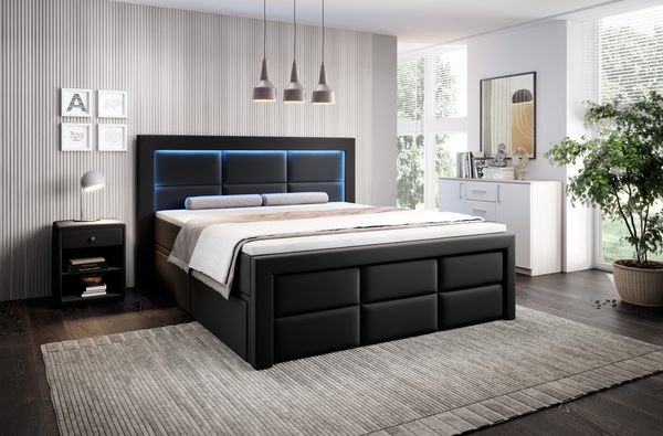 Aspen Boxspringbett mit Schubladen, LED-Beleuchtung, Kunstleder, 180x200 cm, Matratze H3/H4, Schwarz