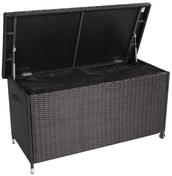 DM-Handel Kissenbox Poly Rattan Kissenbox 121x56x60cm Aufbewahrungsbox (mit Räder, Gartenbox Gartentruhe Grau, Braun, Beige Neu), Leichte Handhabung, Platzsparend