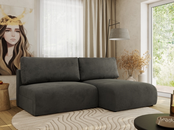 Ecksofa mit Schlaffunktion, lockere Kissen, Wohnzimmerecke mit L-förmigem und Bettkästen, Wellenfeder auf dem Sitz - VIVO - Dunkelgrau Velours - rechte Seite