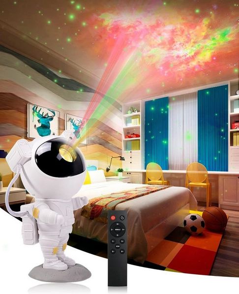 LA CUTE Nachtlicht Astronaut Galaxy Projektor LED Sternenlicht mit Timer Fernbedienung, LED-Lichtquelle, energieeffizient und langlebig, Variabel (mehrfarbige Nebel und Sterne, individuell kombinierbar), 360° drehbarer Kopf, Timer-Funktion, Fernbedienu...