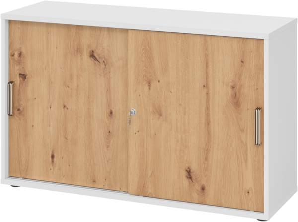 bümö Schiebetürenschrank 2OH - Aktenschrank abschließbar, Sideboard Schrank mit Schiebetüren in Weiß/Asteiche, Streifengriff - Büroschrank aus Holz mit Schiebetür, Büro Kommode für Ordner & Co, 1752S-W-R-SG Bild 1