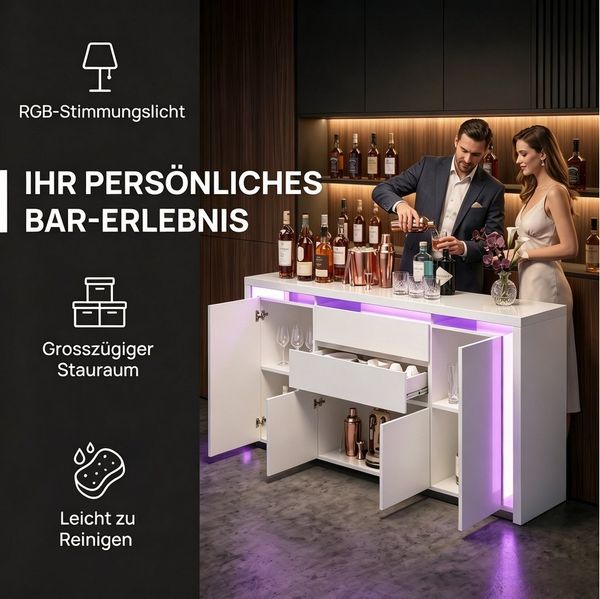 PXloue Kommode Hochglanz Sideboard (LED-Ambientebeleuchtung) Breite 160 cm, Beistellschrank mit 4 Fächern und 2 Schubladen( Push-to-open-Funktion)