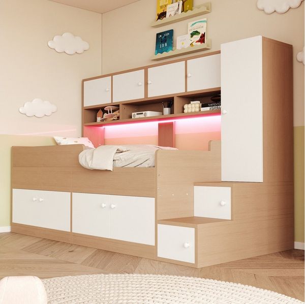 Flieks Kinderbett, Holzbett 90×200cm mit vielem Stauraum Kleiderschrank LED-Beleuchtung