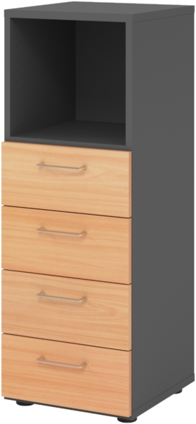 bümö smart Schubladenschrank, Büroschrank in Graphit/Buche mit 4 Schüben & 1 Regalfach - Bürocontainer aus Holz, Container mit Metallgriffen & Soft-Stop Schubladen, 934S4-G-6-BS