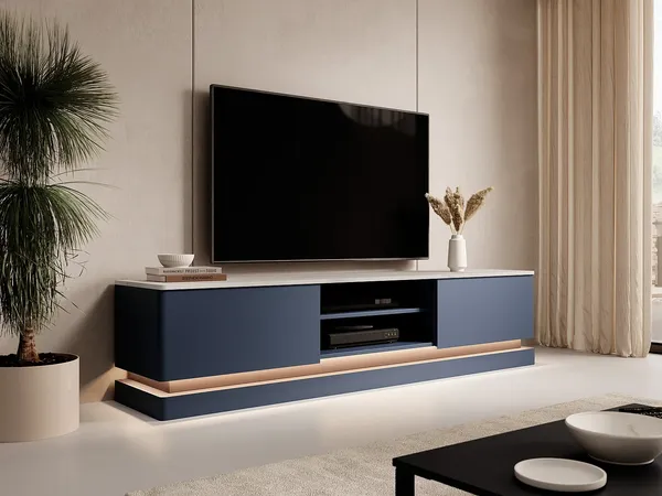 Vente-unique - DEVIKA TV unit Holz, Platte BlauWeiß - B 40 cm x H 44 cm x L 190 cm