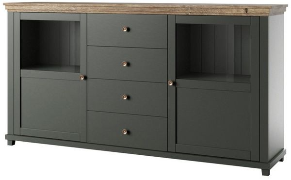 Lomadox Büromöbel-Set EPSOM-83, (Spar-Set, 4-tlg, Schreibtisch Sideboard Aktenregal), in grün mit Lefkas Eiche, Rückwand mit Lamellen Optik, Softclose