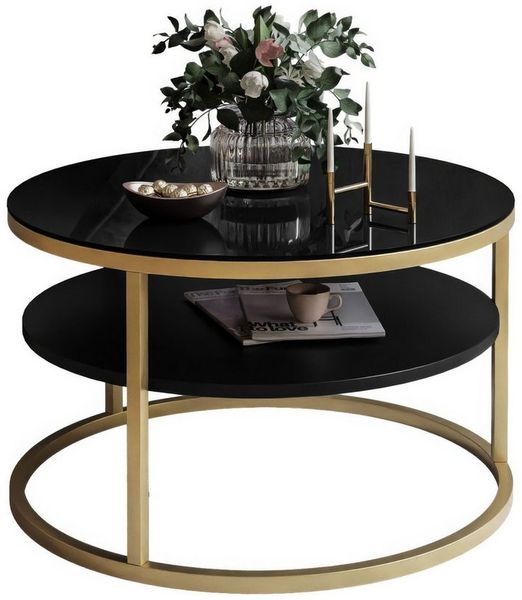 Lookway Couchtisch CIRI GLASS 60 mit goldmattem Gestell und Ablage (1 Tische), Durchmesser: ⌀ 60 cm