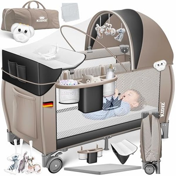 KIDIZ® Babybett Reisebett Kinderreisebett Faltbar mit Matratze 120x60, Seiteneingang, Wickelauflage, Mosktionetz, Spielbogen & Tragetasche Baby Beistellbett Kinderbett ab Geburt bis 15 kg Schwarz / Beige