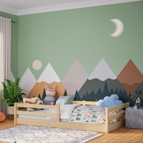 Bellabino 'Iskri' Bodenbett 120x200 cm, natur, Massivholz Kiefer, Montessori Kinderbett mit Rausfallschutz und Lattenrost