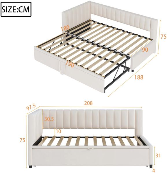 Merax Multifunktionales L-förmiges Schlafsofa mit Ausziehbett 90/180*200cm, Polsterbett in Samtstoff, platzsparendes Design für Kinderbett, Gästebett, Beige Bild 4