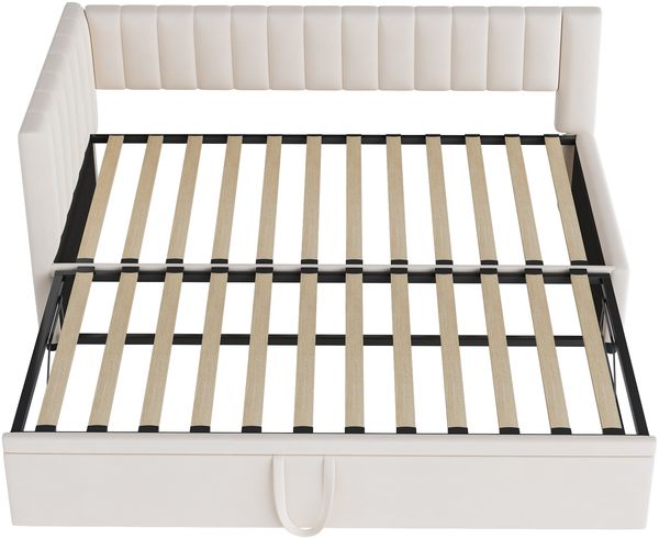 Merax Multifunktionales L-förmiges Schlafsofa mit Ausziehbett 90/180*200cm, Polsterbett in Samtstoff, platzsparendes Design für Kinderbett, Gästebett, Beige Bild 6
