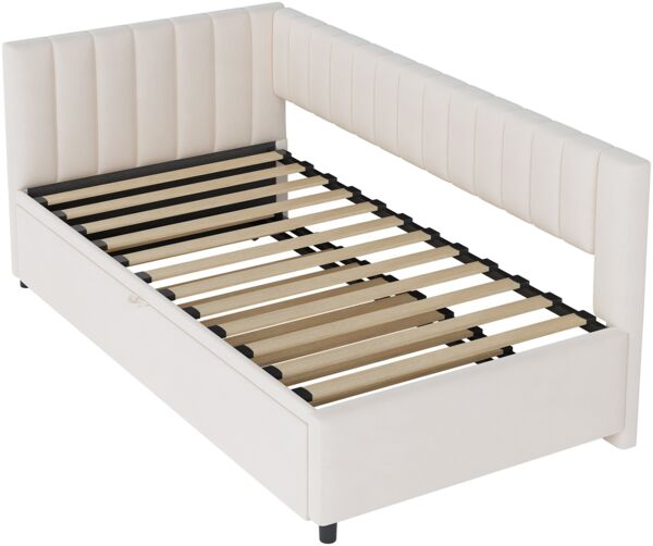 Merax Multifunktionales L-förmiges Schlafsofa mit Ausziehbett 90/180*200cm, Polsterbett in Samtstoff, platzsparendes Design für Kinderbett, Gästebett, Beige Bild 8
