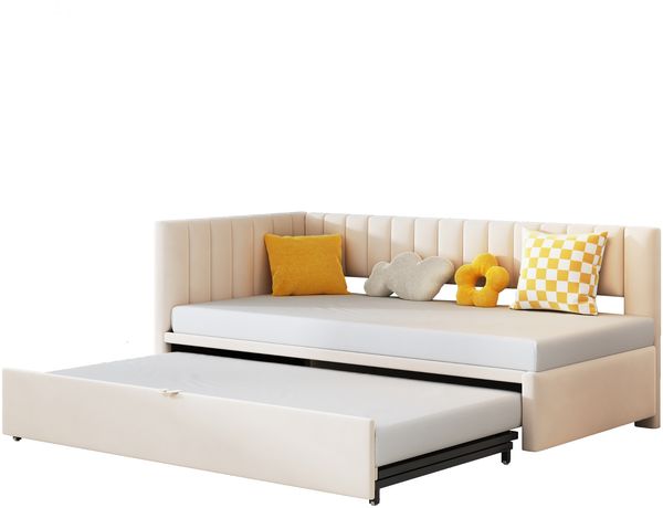 Merax Multifunktionales L-förmiges Schlafsofa mit Ausziehbett 90/180*200cm, Polsterbett in Samtstoff, platzsparendes Design für Kinderbett, Gästebett, Beige Bild 10