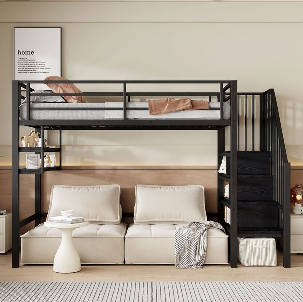 Bett 90x200 cm Hochbett mit Stauraumleiter und Einlegeböden – platzsparendes Kinderhochbett in Schwarz