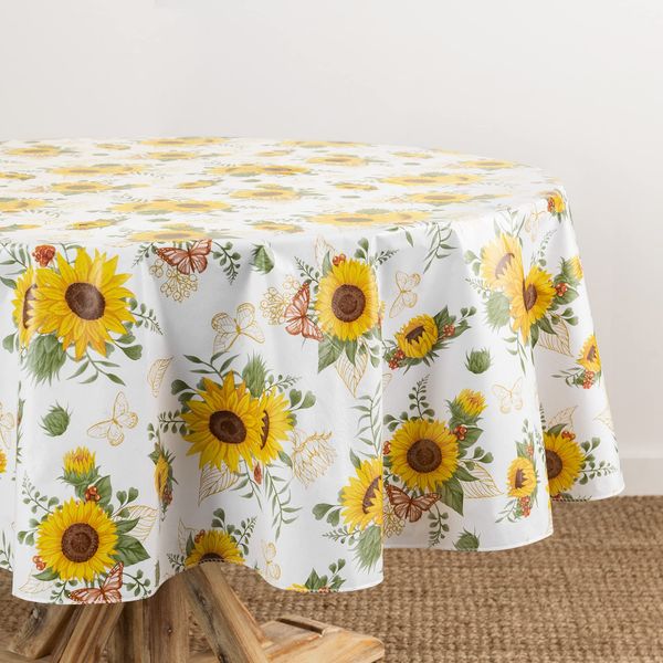 Elrene Home Fashions Sunflower Season Vinyl-Tischdecke mit Blumenmuster, Wasser- und schmutzabweisend, für drinnen und draußen, mit Flanell-Rückseite, 177,8x177,8 cm, rund