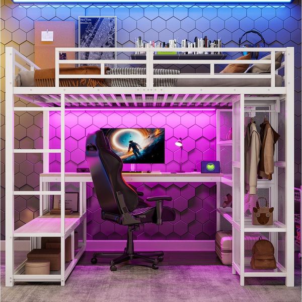 Merax Hochbett 140x200cm mit LED-Beleuchtung & USB-Anschluss (1-St, Jugendbett Einzelbett) Metallbett Kinderbett mit Kleiderschrank, Ablageflächen & Schreibtisch