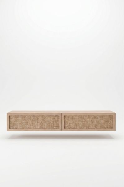 Stilvoller TV-Ständer aus Eiche, 180 cm | 100% melaminbeschichtete Spanplatte, 18 mm | Türen aus Rattan-Jute-Gewebe | Modernes Design