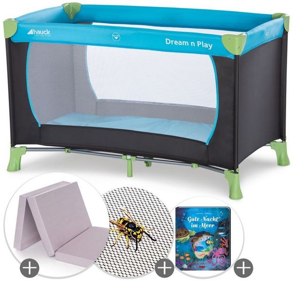 Hauck Baby-Reisebett Dream N Play Set - Waterblue, Kinder Babyreisebett mit Matratze, Moskitonetz & Tasche faltbar
