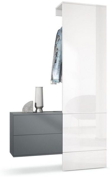 Garderobe Carlton Set 2, Wandgarderobe aus Deko-Paneel & hängender Schubladen-Kommode, Anthrazit matt/Weiß Hochglanz (105 x 193 x 35 cm)