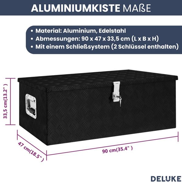 Aluminiumbox mit Deckel - Abschließbar | Alubox Deichselbox Alu Anhängerbox Werkzeugkiste Metall Transportbox Metallkiste, 90x47x33,5cm Schwarz Bild 3