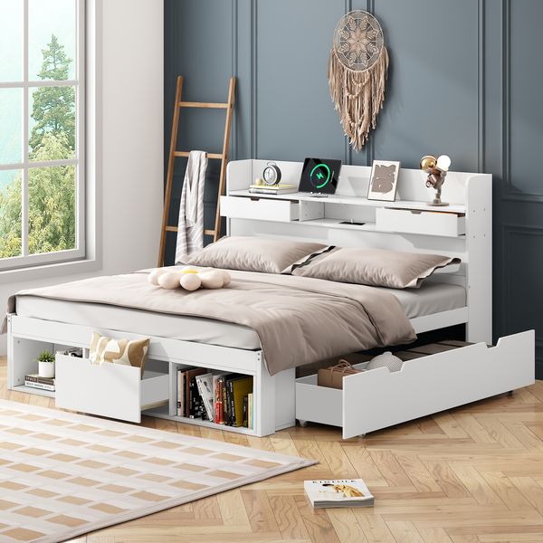 Doppelbett, 140*190cm, Mit USB-port & Schubladen & Stauschrank, Kinderbett, Jugendbett, Multifunktionales Bett, Großer Stauraum, ohne Matratze, weiß