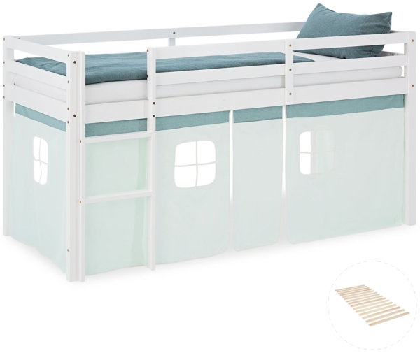 Hochbett Kinder 90x200 cm mit Lattenrost Kinderbett Kinderhochbett Stockbett Vorhang Grün Mintgrün Holz Massiv