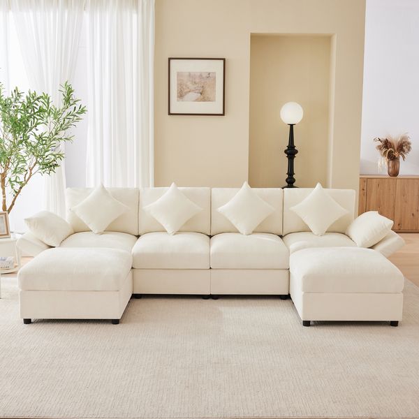 Ecksofa 284x156,5x86 cm in Beige, Chenille, modulare Form mit 2 Hockern und verstellbaren Armlehnen