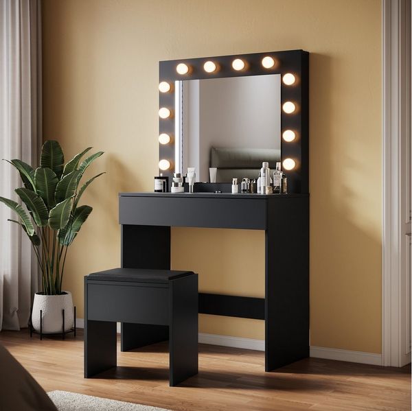 SONNI Schminktisch Moderne schwarze Schminktische, mit Spiegel, Hocker, Schublade,Kosmetiktisch,3 Lichtmodi