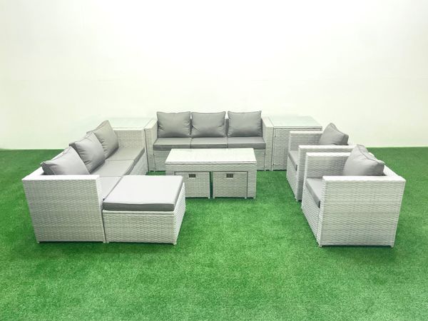 Fimous Gartenmöbelset Polyrattan mit 2 Sesseln Rechteckiger Couchtisch 3 Hockern 2 Beistelltischen Hellgrau gemischt