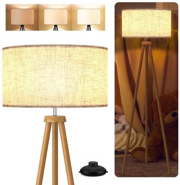 LMaxhome Stehlampe Stehlampe LED Dimmbar Dreibein Fußschalter Holz Stehleuchte mit Leinen, Holzfarben, LED fest integriert, mit E27 Leuchtmittel, 3 Farbtemperaturen (2700K Warmweiß/5000K Weiß/4000K Naturweiß), Höhe 155cm, aus Stoff Leselampe rundem Sch...