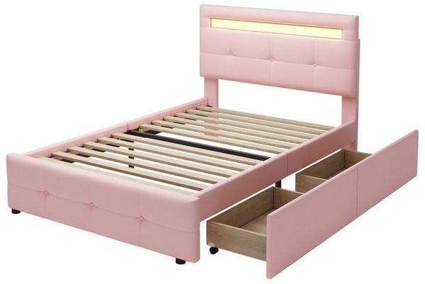 BlingBin Polsterbett Einzelbett Funktionsbett Kinderbett Jugendbett, 90x200 cm (1er Set, 1-tlg, mit LED-Leuchten, 2 Schubladen), hautfreundlicher Leinenpolsterung flach Bettrahmen Gästebett Bild 4