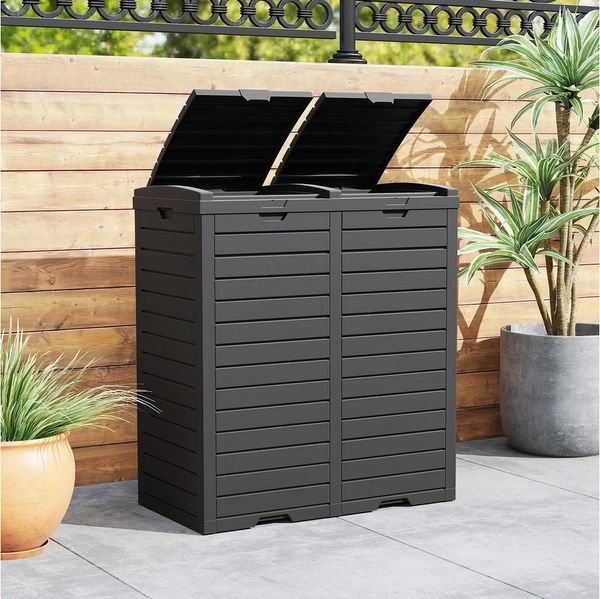 COSTWAY Mülltonnenbox, Mülleimer mit Doppeldeckel, 235 L, mit Auffangschale & Griff