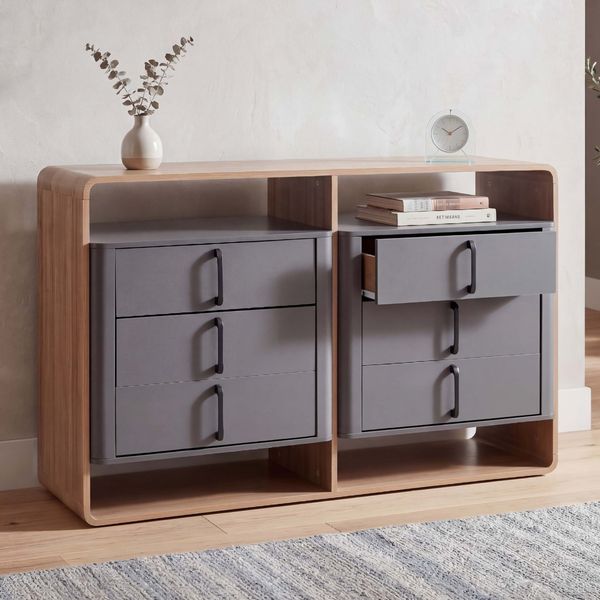Kommode HWC-P43, Schrank Sideboard Highboard, 6 Schubladen MDF 80x120x42cm ~ Rivera-Eiche-Optik, dunkelgrau