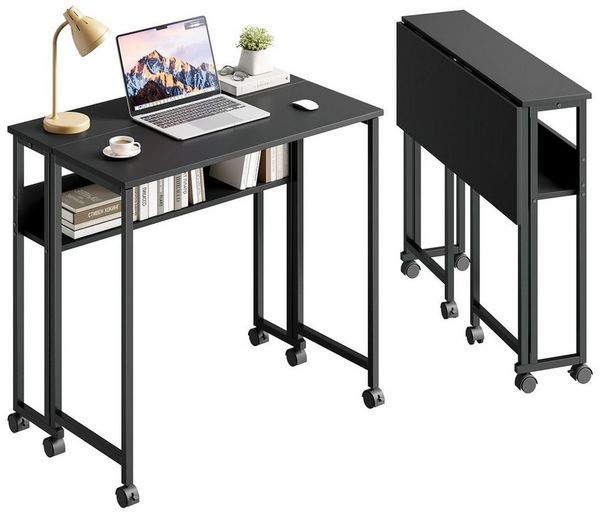 NAIMP Klapptisch Faltbar Schreibtisch Platzsparender Computertisch kleiner Tisch, mit Stauraum und Rollen
