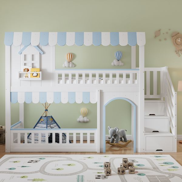 Merax Etagenbett, 90x200cm Kinderbett, Mit Treppenaufbewahrungs-Schrank, Exquisit gearbeitete Fenster und dekorative Details, Stabiler Lattenrost, Weiß+Blau
