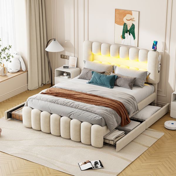 Polsterbett, 160x200 cm, Ohne Matratze, Polsterbett mit 4 Schubladen, Polsterbet Bett mit LED-Lichtleiste mit USB und Stereoanlage, Samt, Beige